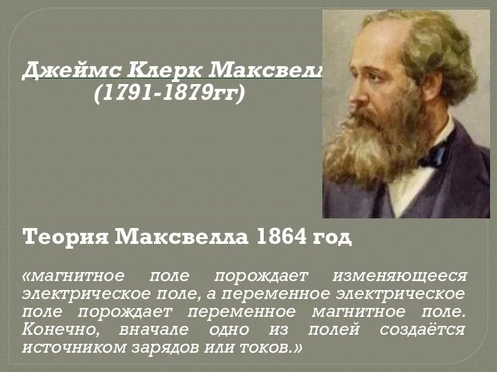 Джеймс Клерк Максвелл (1791-1879гг) Теория Максвелла 1864 год «магнитное поле порождает