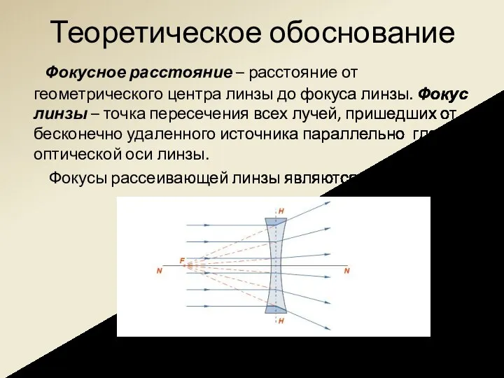 Теоретическое обоснование Фокусное расстояние – расстояние от геометрического центра линзы до