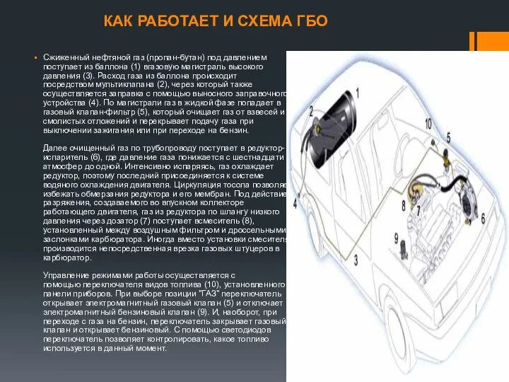 КАК РАБОТАЕТ И СХЕМА ГБО Сжиженный нефтяной газ (пропан-бутан) под давлением