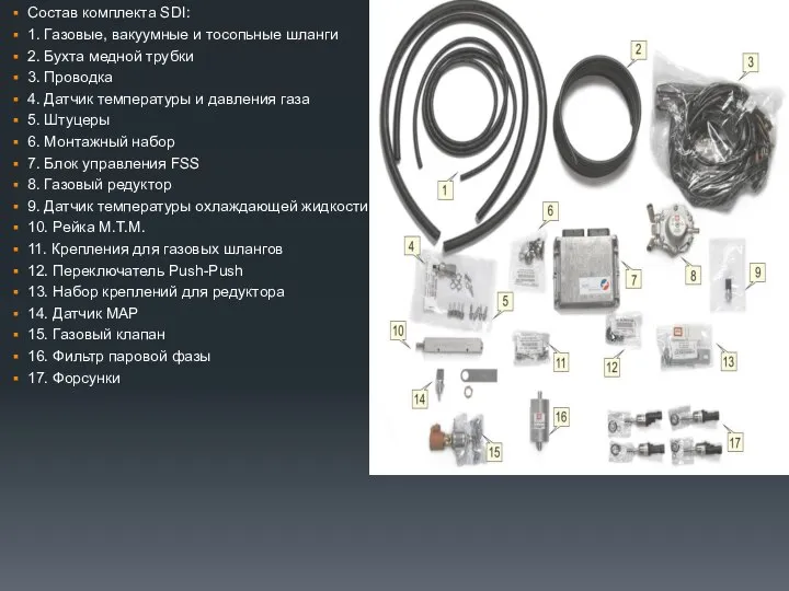 Состав комплекта SDI: 1. Газовые, вакуумные и тосопьные шланги 2. Бухта