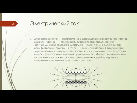 Электрический ток Электрический ток — направленное (упорядоченное) движение частиц или квазичастиц