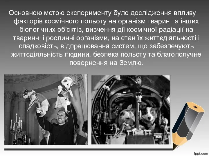 Основною метою експерименту було дослідження впливу факторів космічного польоту на організм