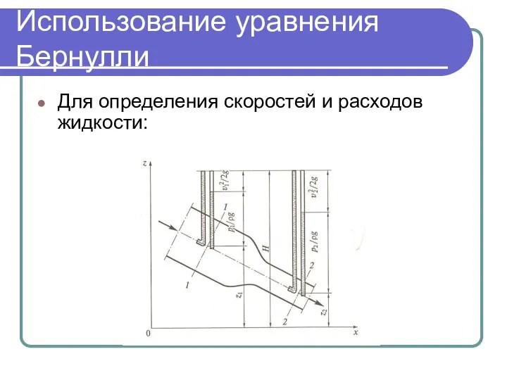 Использование уравнения Бернулли Для определения скоростей и расходов жидкости: