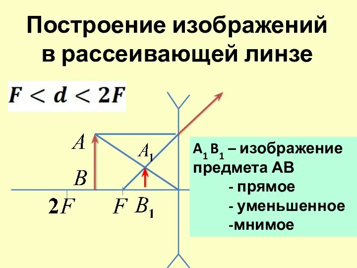 Построение изображений в рассеивающей линзе A1 B1 – изображение предмета АВ - прямое - уменьшенное -мнимое