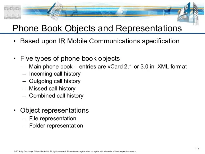 Phone Book Objects and Representations Based upon IR Mobile Communications specification