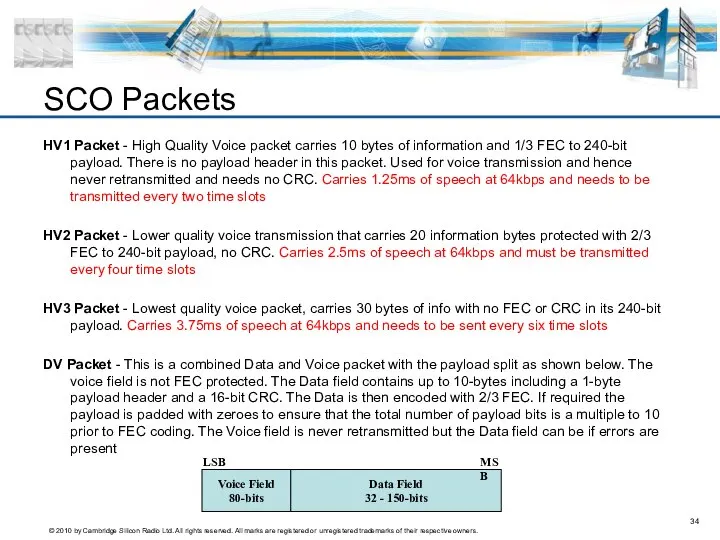 HV1 Packet - High Quality Voice packet carries 10 bytes of