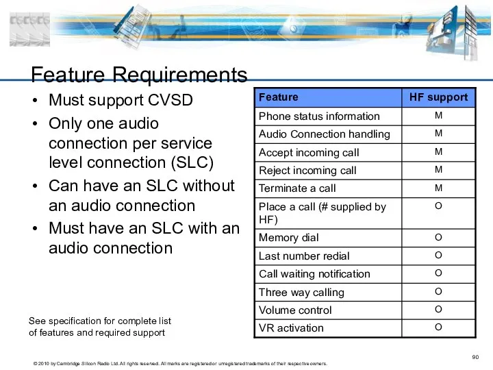 Feature Requirements Must support CVSD Only one audio connection per service