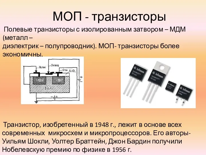 МОП - транзисторы Полевые транзисторы с изолированным затвором – МДМ(металл –