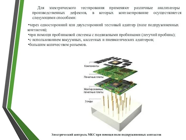 Для электрического тестирования применяют различные анализаторы производственных дефектов, в которых контактирование