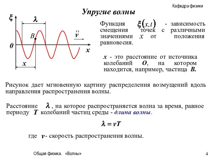 Общая физика. «Волны» Упругие волны х - это расстояние от источника