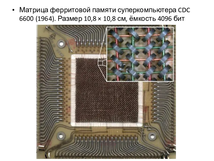 Матрица ферритовой памяти суперкомпьютера CDC 6600 (1964). Размер 10,8 × 10,8 см, ёмкость 4096 бит