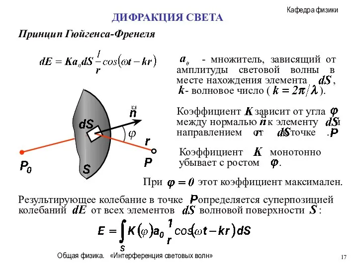 Общая физика. «Интерференция световых волн» ДИФРАКЦИЯ СВЕТА Принцип Гюйгенса-Френеля