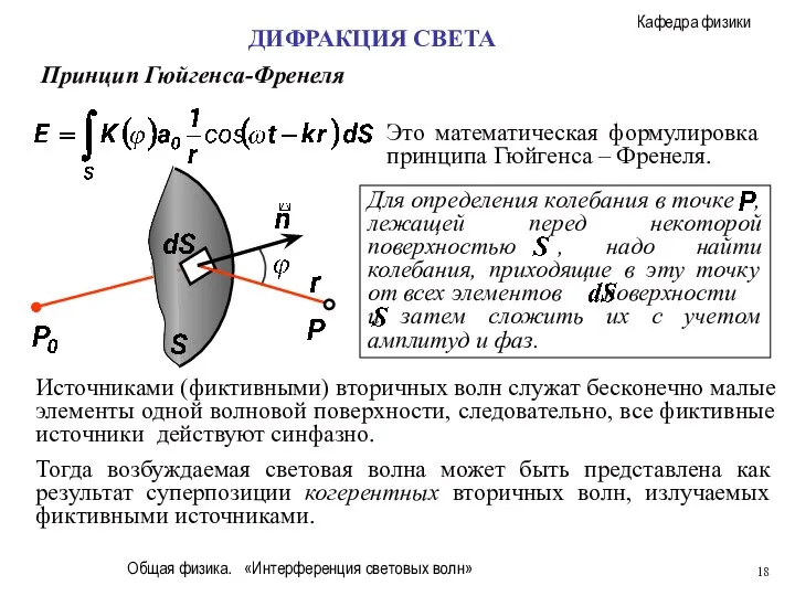 Общая физика. «Интерференция световых волн» ДИФРАКЦИЯ СВЕТА Принцип Гюйгенса-Френеля Это математическая