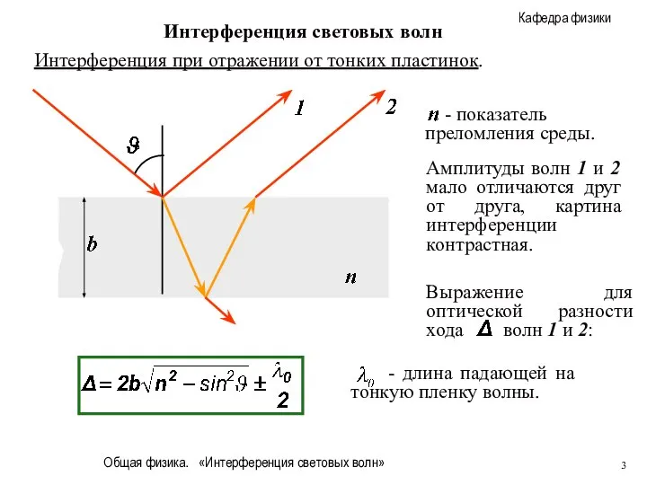 Общая физика. «Интерференция световых волн» Интерференция световых волн Интерференция при отражении