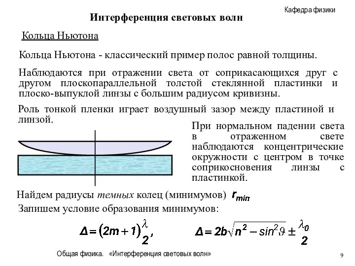 Общая физика. «Интерференция световых волн» Интерференция световых волн Кольца Ньютона Кольца