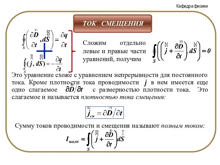 Сложим отдельно левые и правые части уравнений, получим Сумму токов проводимости и смещения называют полным током: