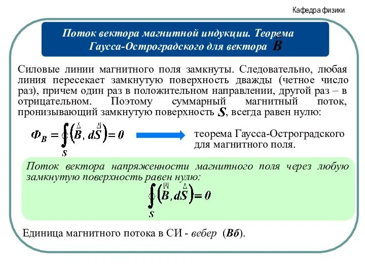 теорема Гаусса-Остроградского для магнитного поля. Поток вектора напряженности магнитного поля через