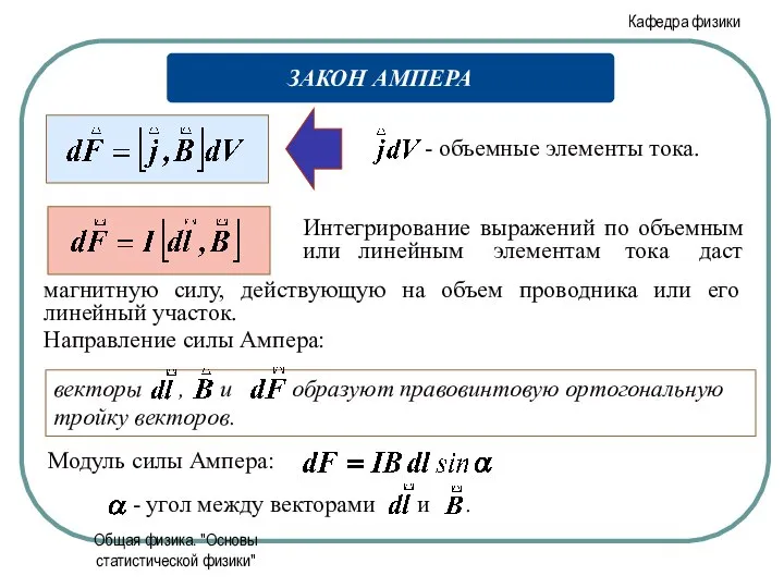 Общая физика. "Основы статистической физики" Направление силы Ампера: Модуль силы Ампера: