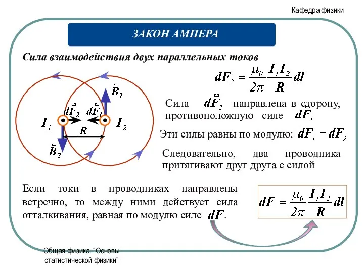 Общая физика. "Основы статистической физики" Сила взаимодействия двух параллельных токов Эти