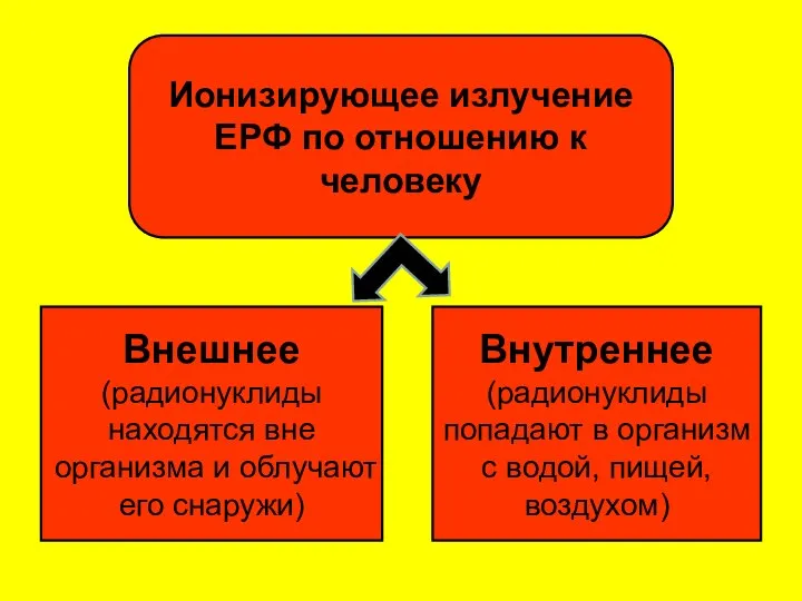 Ионизирующее излучение ЕРФ по отношению к человеку Внешнее (радионуклиды находятся вне