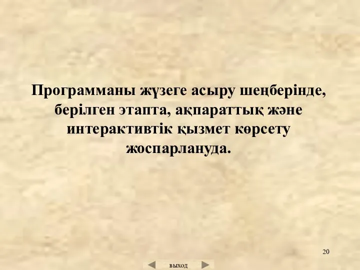 Программаны жүзеге асыру шеңберінде, берілген этапта, ақпараттық және интерактивтік қызмет көрсету жоспарлануда.