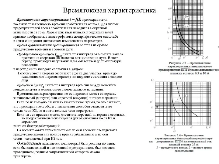 Времятоковая характеристика Времятоковая характеристика t = f(I) предохранителя показывает зависимость времени