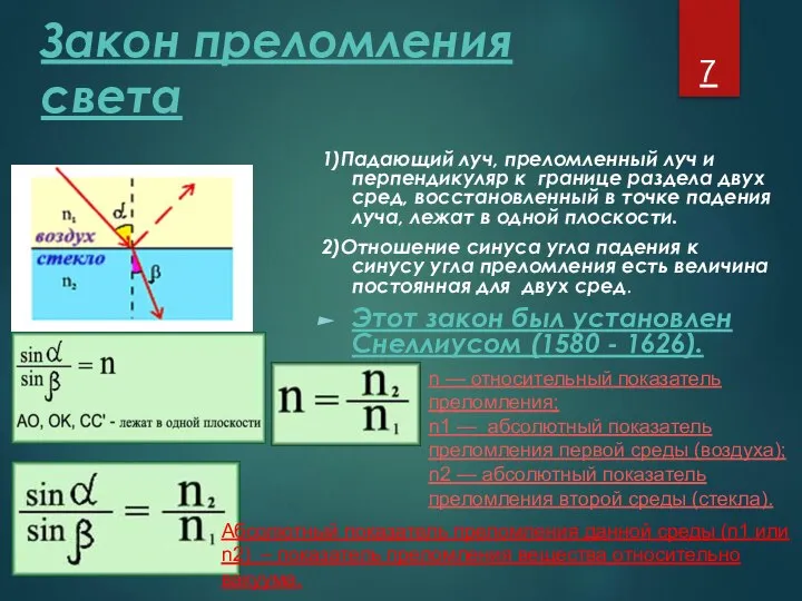 Закон преломления света 1)Падающий луч, преломленный луч и перпендикуляр к границе