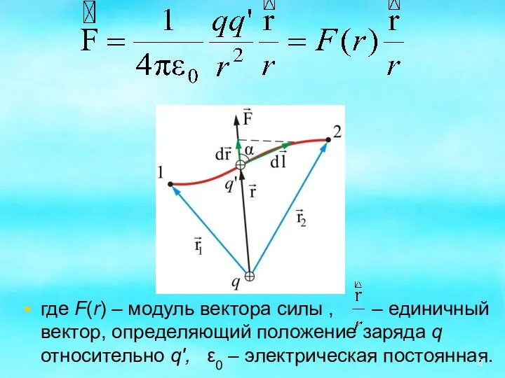 где F(r) – модуль вектора силы , – единичный вектор, определяющий