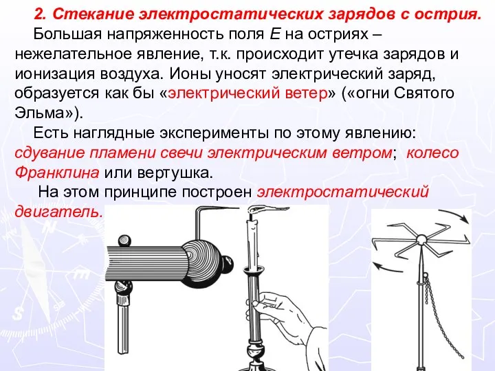 2. Стекание электростатических зарядов с острия. Большая напряженность поля E на