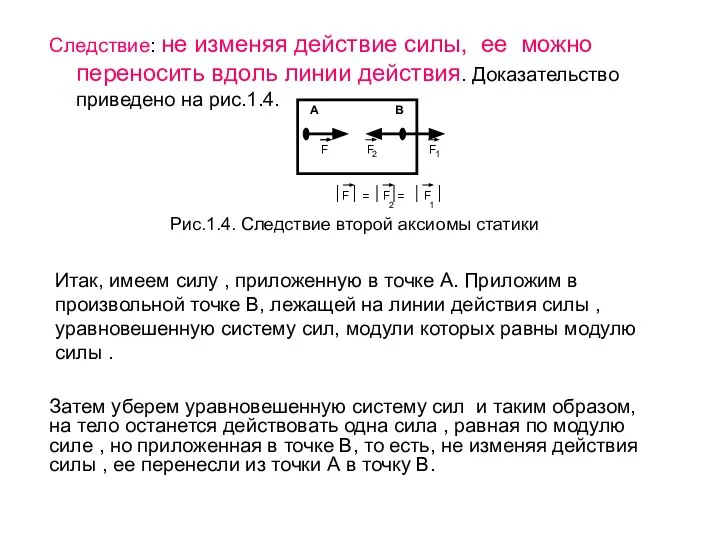 Рис.1.4. Следствие второй аксиомы статики Следствие: не изменяя действие силы, ее