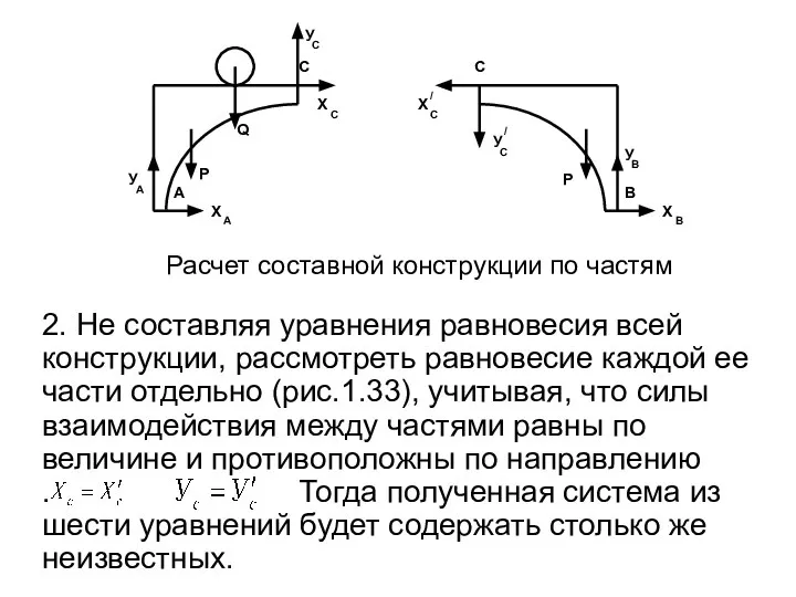 Расчет составной конструкции по частям 2. Не составляя уравнения равновесия всей