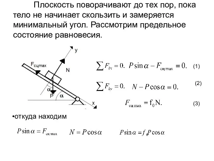 Плоскость поворачивают до тех пор, пока тело не начинает скользить и