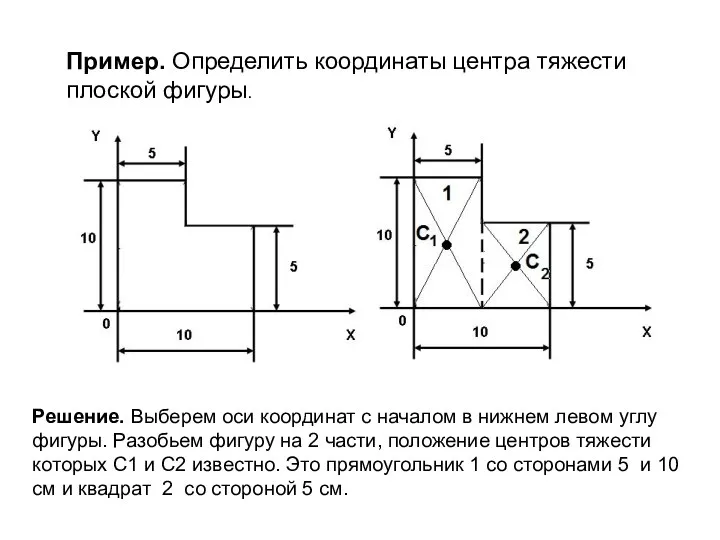 Пример. Определить координаты центра тяжести плоской фигуры. Решение. Выберем оси координат