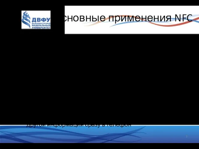 Основные применения NFC Платежные приложения Мобильные кошельки работающие посредством PayPass, payWave