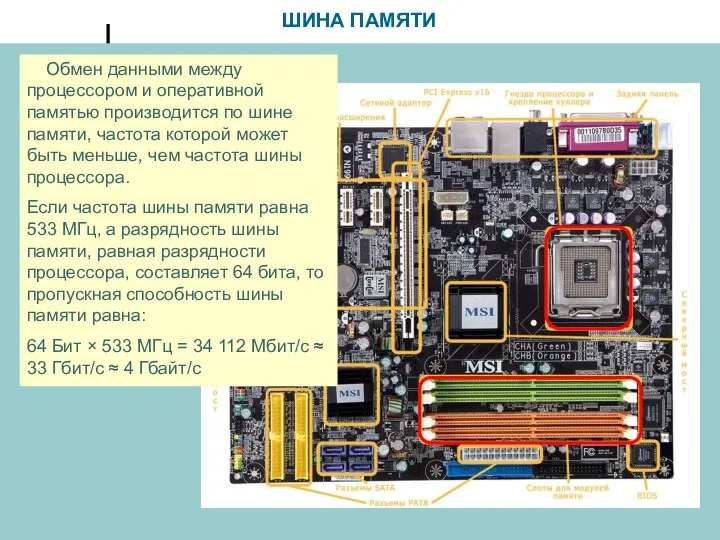 ШИНА ПАМЯТИ Обмен данными между процессором и оперативной памятью производится по