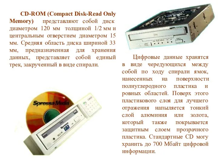 CD-ROM (Compact Disk-Read Only Memory) представляют собой диск диаметром 120 мм