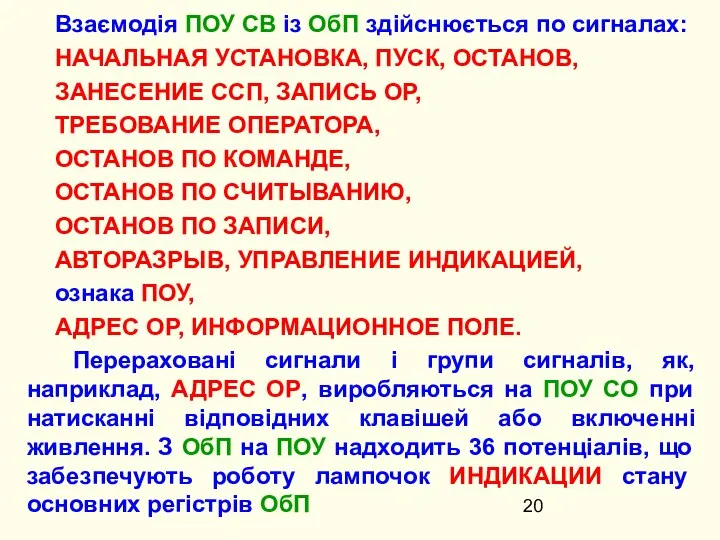 Взаємодія ПОУ СВ із ОбП здійснюється по сигналах: НАЧАЛЬНАЯ УСТАНОВКА, ПУСК,