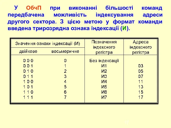 У ОбчП при виконанні більшості команд передбачена можливість індексування адреси другого