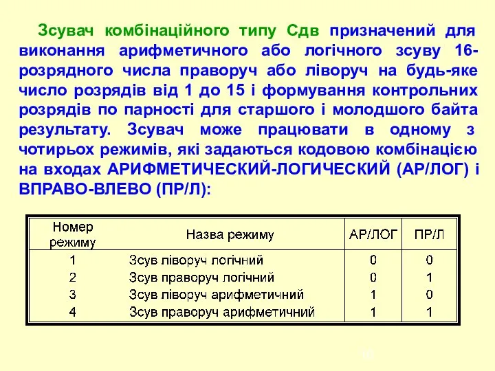 Зсувач комбінаційного типу Сдв призначений для виконання арифметичного або логічного зсуву