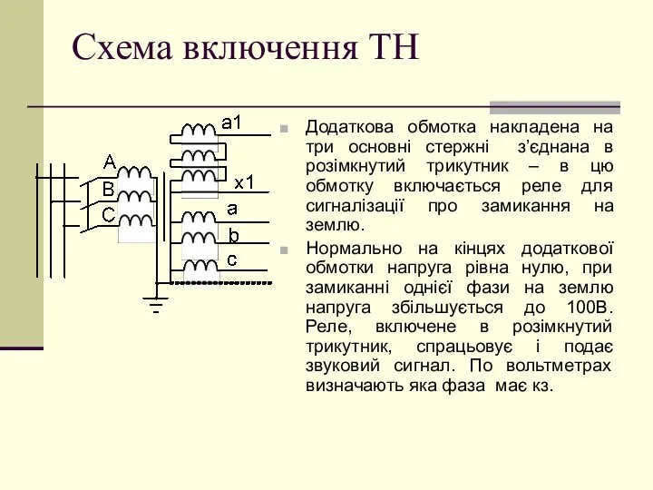 Схема включення ТН Додаткова обмотка накладена на три основні стержні з’єднана