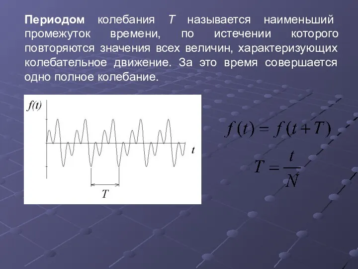 Периодом колебания Т называется наименьший промежуток времени, по истечении которого повторяются