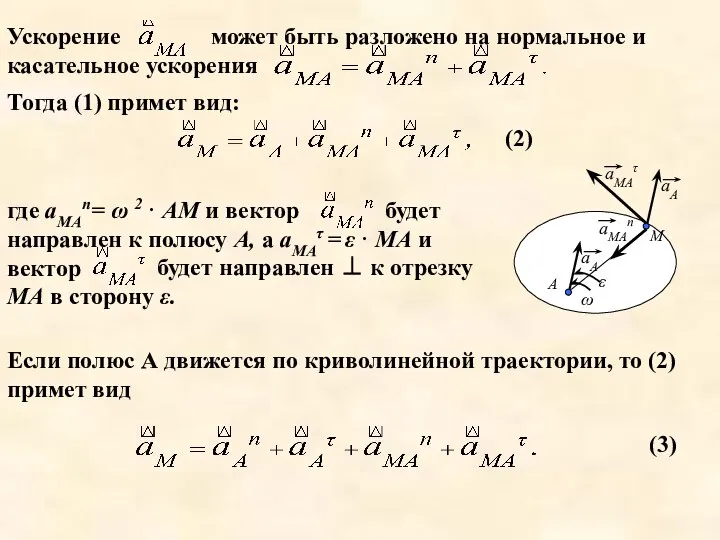 может быть разложено на нормальное и касательное ускорения Если полюс А