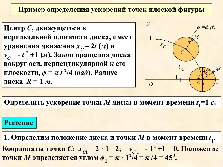 Центр С, движущегося в вертикальной плоскости диска, имеет уравнения движения хС