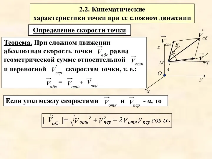 Теорема. При сложном движении абсолютная скорость точки и переносной равна геометрической