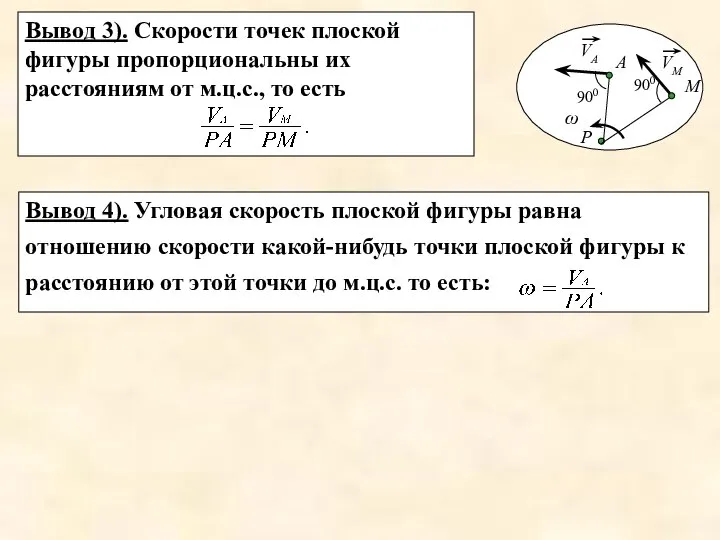 Вывод 3). Скорости точек плоской фигуры пропорциональны их расстояниям от м.ц.с.,