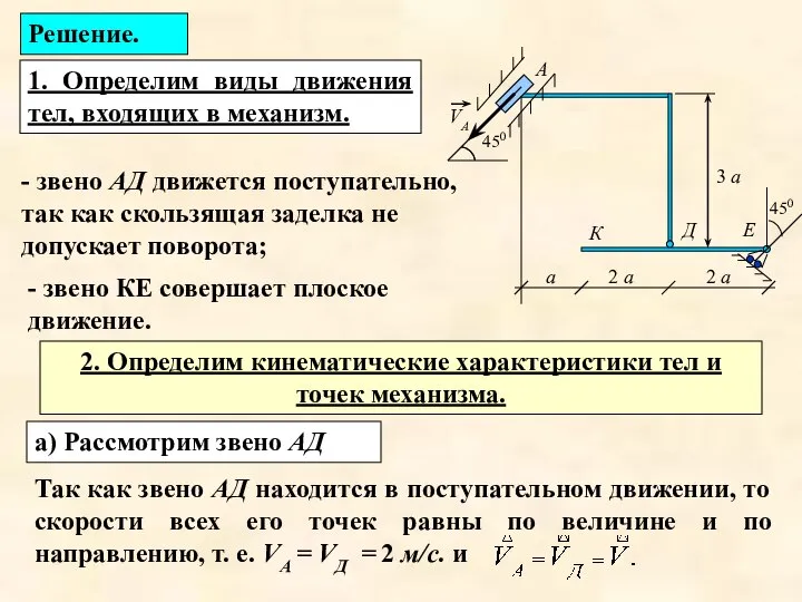 1. Определим виды движения тел, входящих в механизм. Решение. - звено