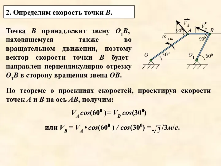 или VВ = VА • cos(600 ) / cos(300) = /3м/с.