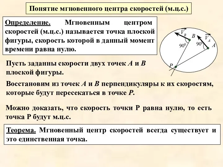 Понятие мгновенного центра скоростей (м.ц.с.) Определение. Мгновенным центром скоростей (м.ц.с.) называется