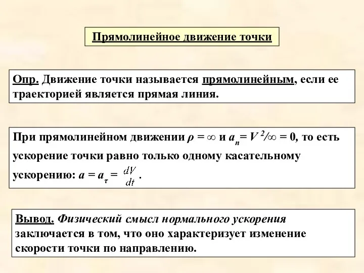 При прямолинейном движении ρ = ∞ и аn= V 2/∞ =