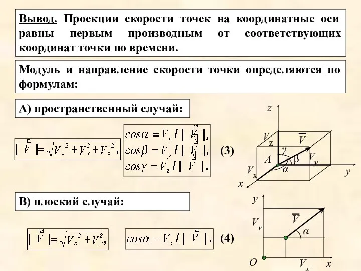 Вывод. Проекции скорости точек на координатные оси равны первым производным от